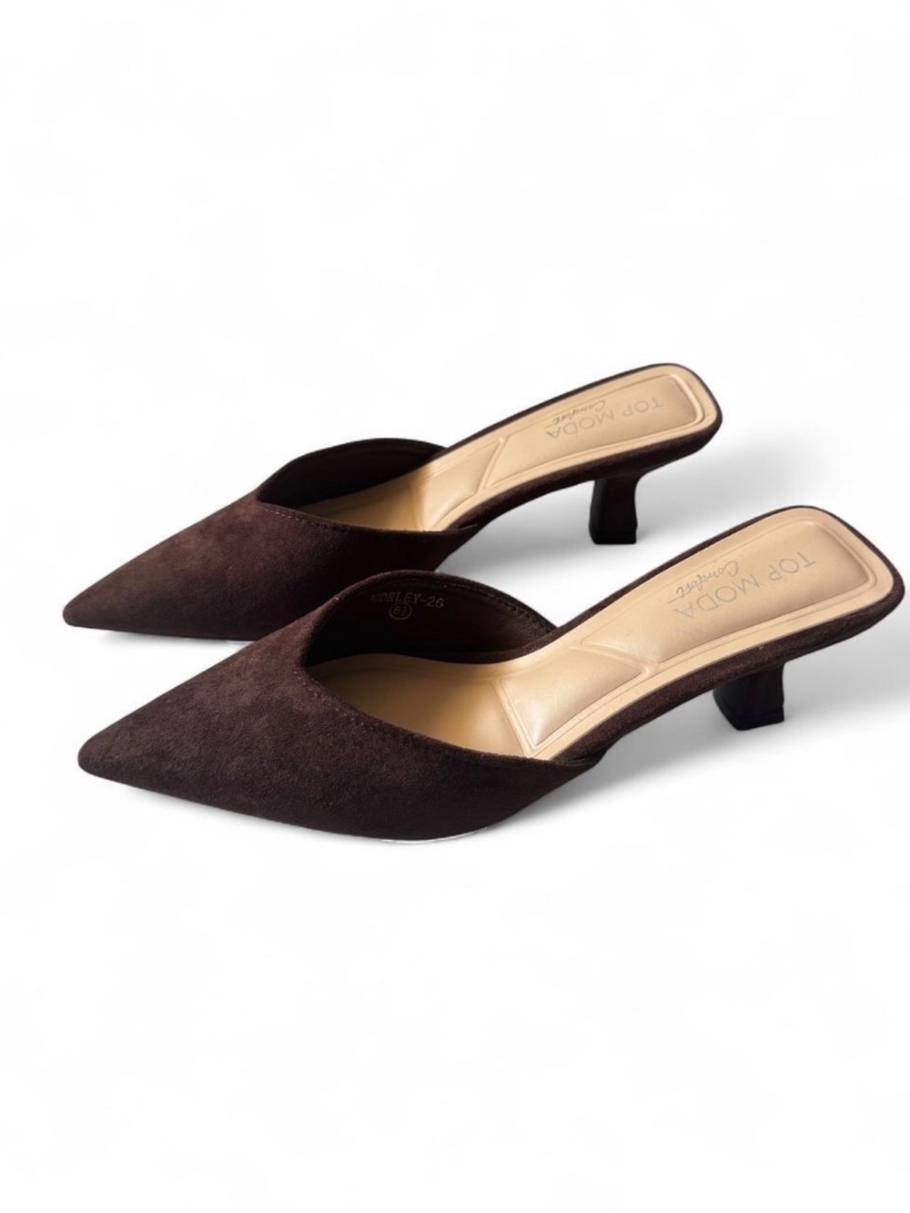 TOP Moda Dark Brown Pointed-Toe Suede Slip-On Kitten Heel Mules
